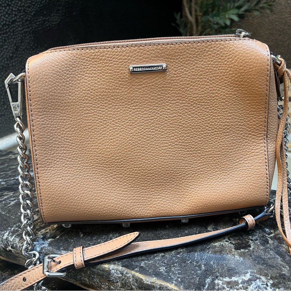 Rebecca Minkoff Cognac Pebbled Leather Crossbody with Chain Strap